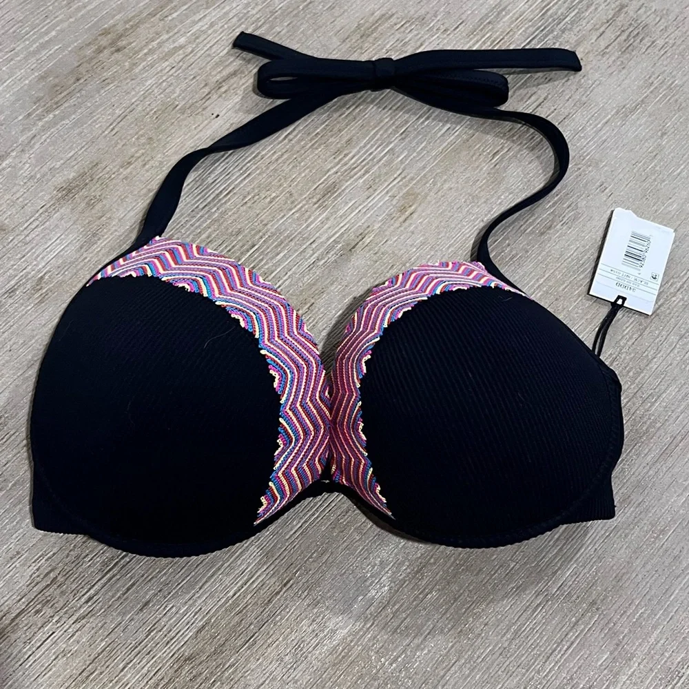 Shade & Shore Black Push Up Halter Bikini Top Chevron Trim NWT